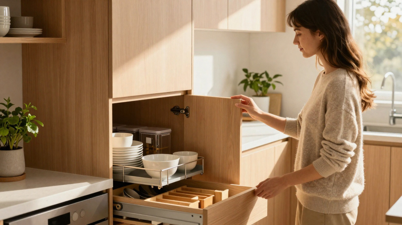 Woman opening a wooden kitchen cabinet with dishes and utensils inside in a sunlit modern kitchen.
