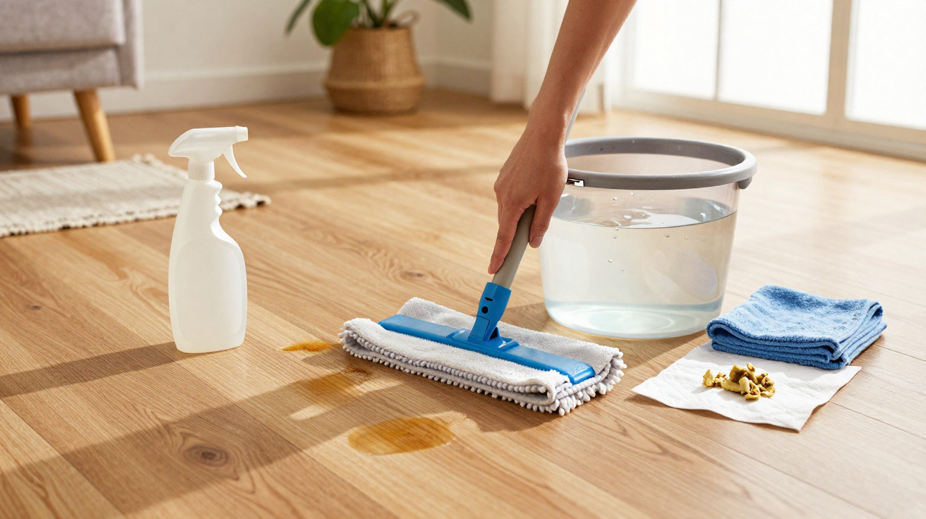 Hand cleaning a wooden floor stain with a mop beside a bucket of water, spray bottle, and cleaning cloths.