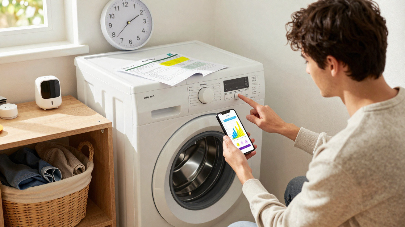 Man operating a washing machine with a smartphone app in a bright laundry room with a clock on the wall.