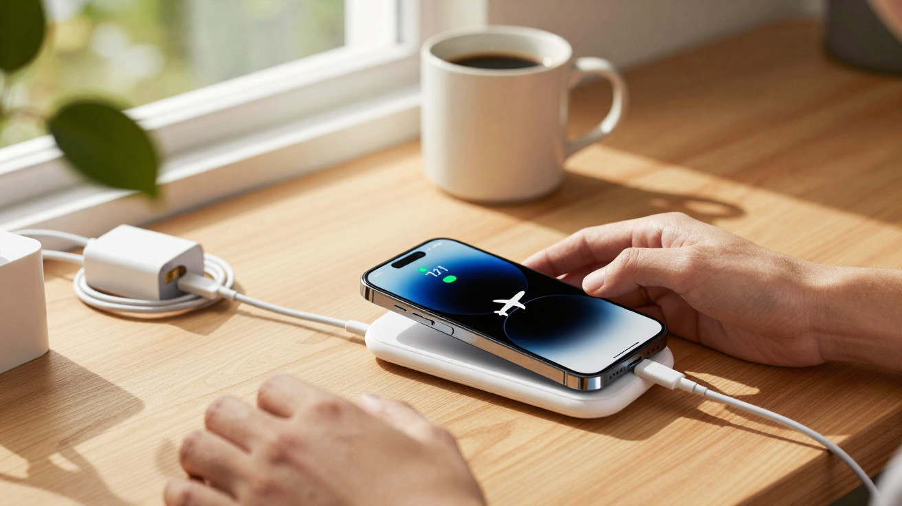 Person charging a smartphone wirelessly on a wooden table next to a white coffee mug near a window.