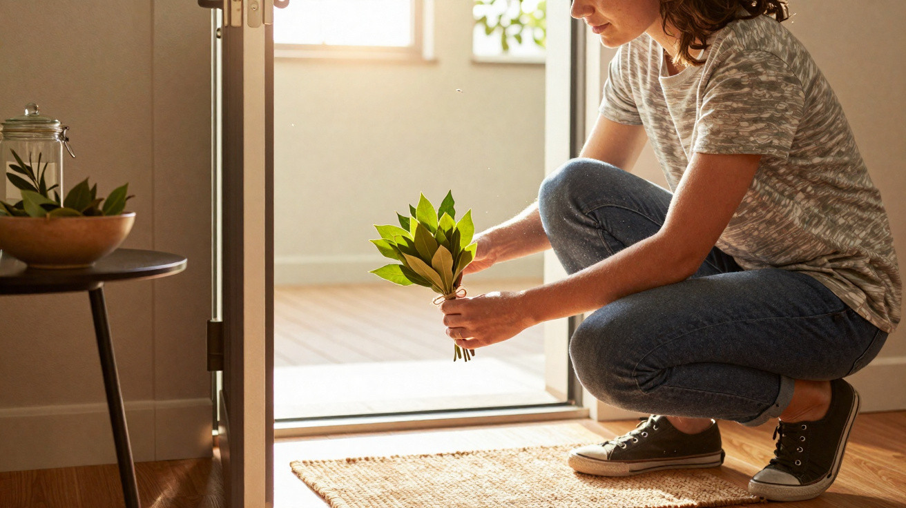 Person crouching at a door holding a small bouquet of green leaves indoors in natural light.