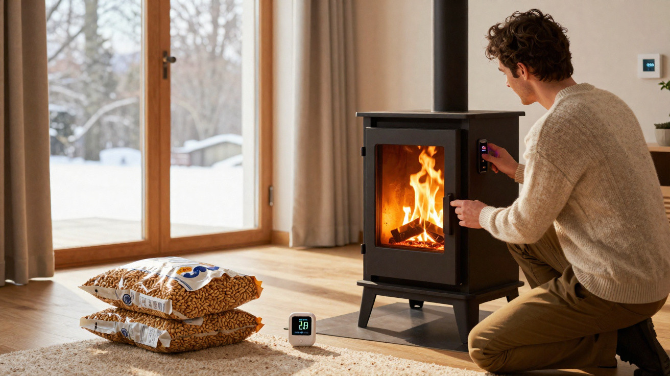 Man adjusting controls on a modern wood-burning stove in a cosy room with a snowy view outside.