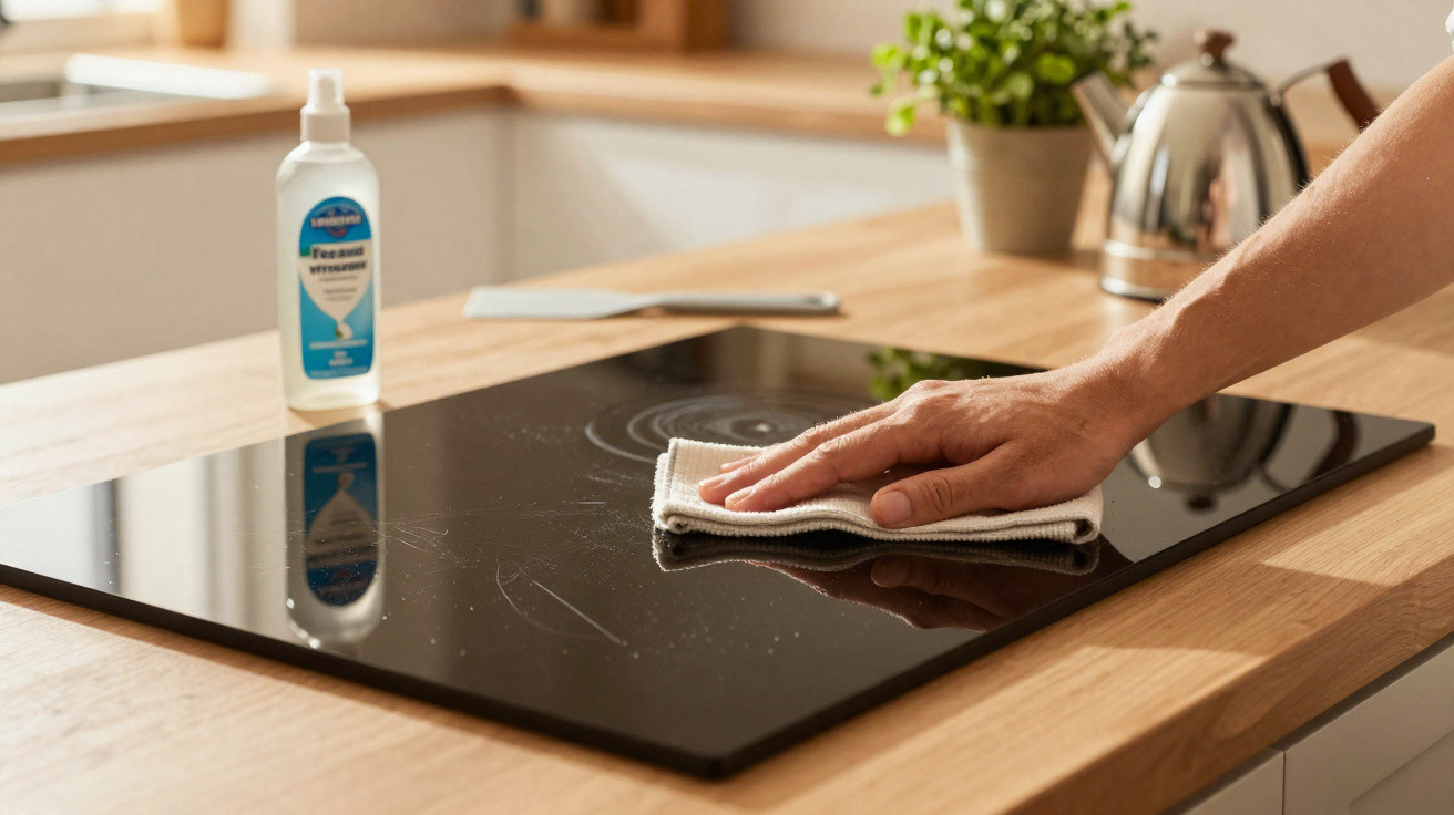 Hand wiping clean a black glass electric stove with a white cloth on a wooden kitchen countertop.