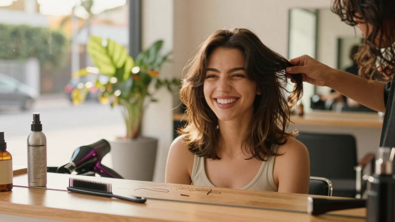 Smiling woman sitting in hair salon chair while stylist adjusts her hair in front of a mirror.