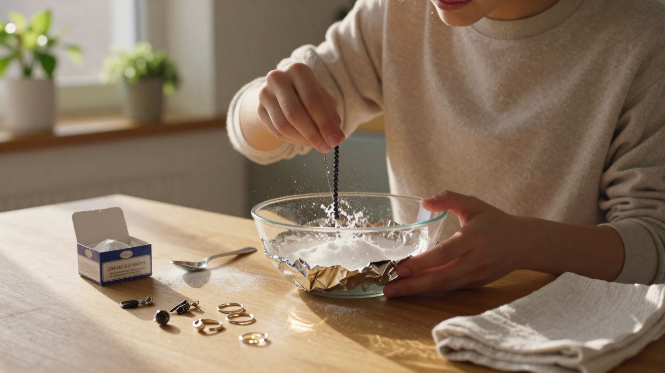 Person mixing a substance in a glass bowl on a wooden table with jewellery and a spoon nearby