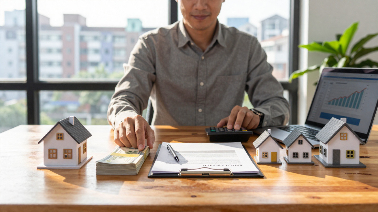 Person calculating finances with house models, cash, and documents on office desk near a laptop.