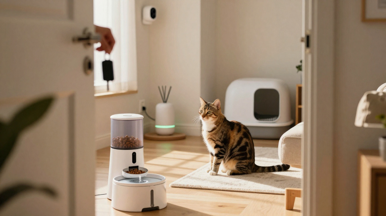 Tabby cat sitting on a rug watching a person approach with a key fob near an automatic pet feeder in a sunlit room.