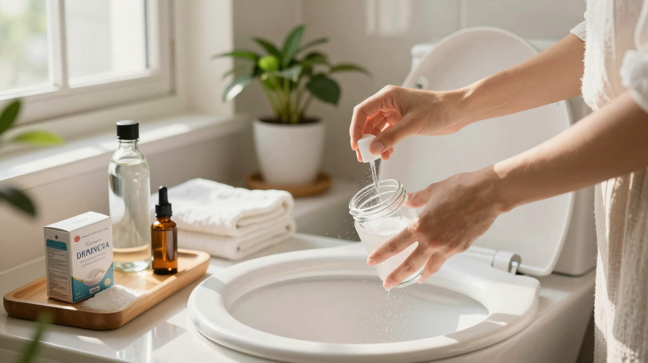 Person adding a powdered substance from a dropper into a glass jar over a toilet in a bathroom.