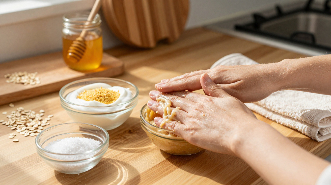 Hands mixing ingredients in a small bowl on a wooden table with honey, oats, yogurt, and salt nearby