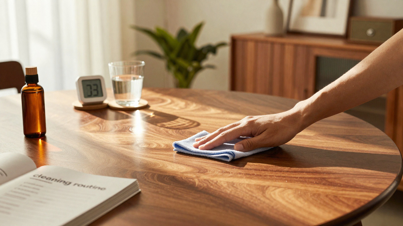 Hand wiping polished wooden table with blue cloth, book titled "cleaning routine," bottle, glass of water, and timer in backg