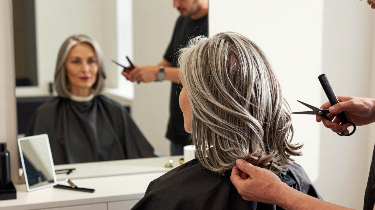 Hairdresser trimming a silver-haired woman’s layered bob hairstyle in a modern salon.