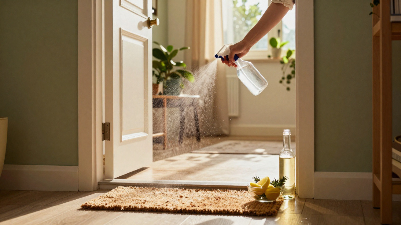 Hand spraying natural cleaning solution from spray bottle onto doormat in sunlit room with lemons and bottle nearby.