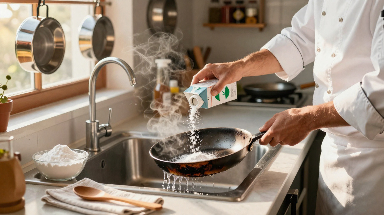 Chef sprinkling salt into a steaming frying pan over a kitchen sink with hanging pots and utensils.