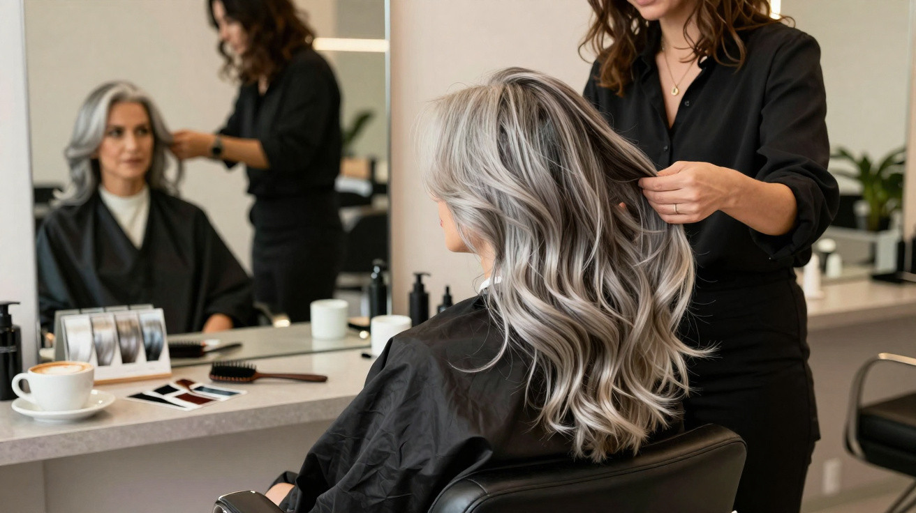 Hairdresser styling a seated woman’s long silver-grey hair in a salon with a coffee cup on the counter.