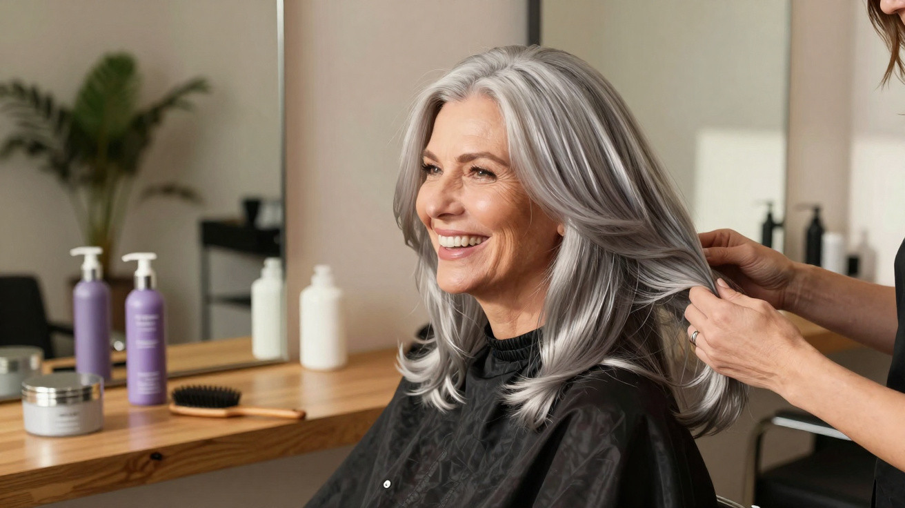 Smiling elderly woman with silver hair getting a haircut in a modern salon with hair products on the counter.