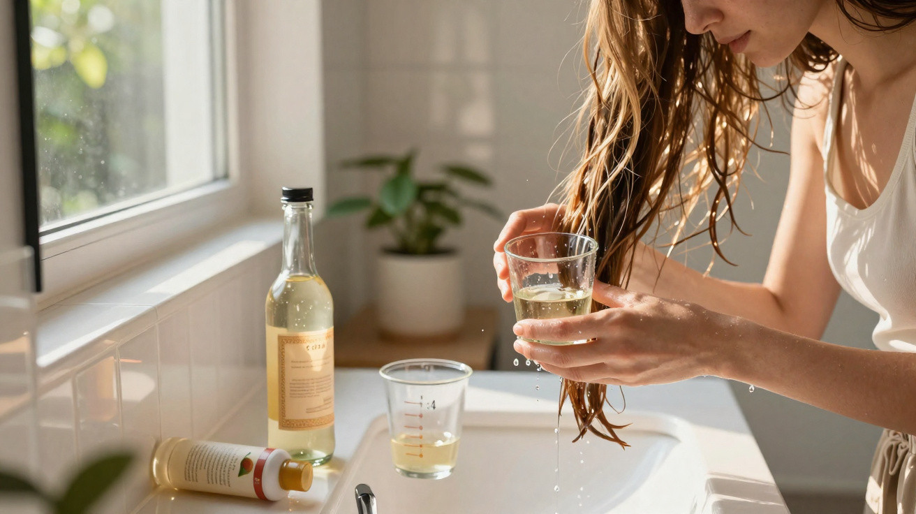 Woman rinsing wet hair over a sink with a glass of liquid and hair care products nearby in soft natural light.