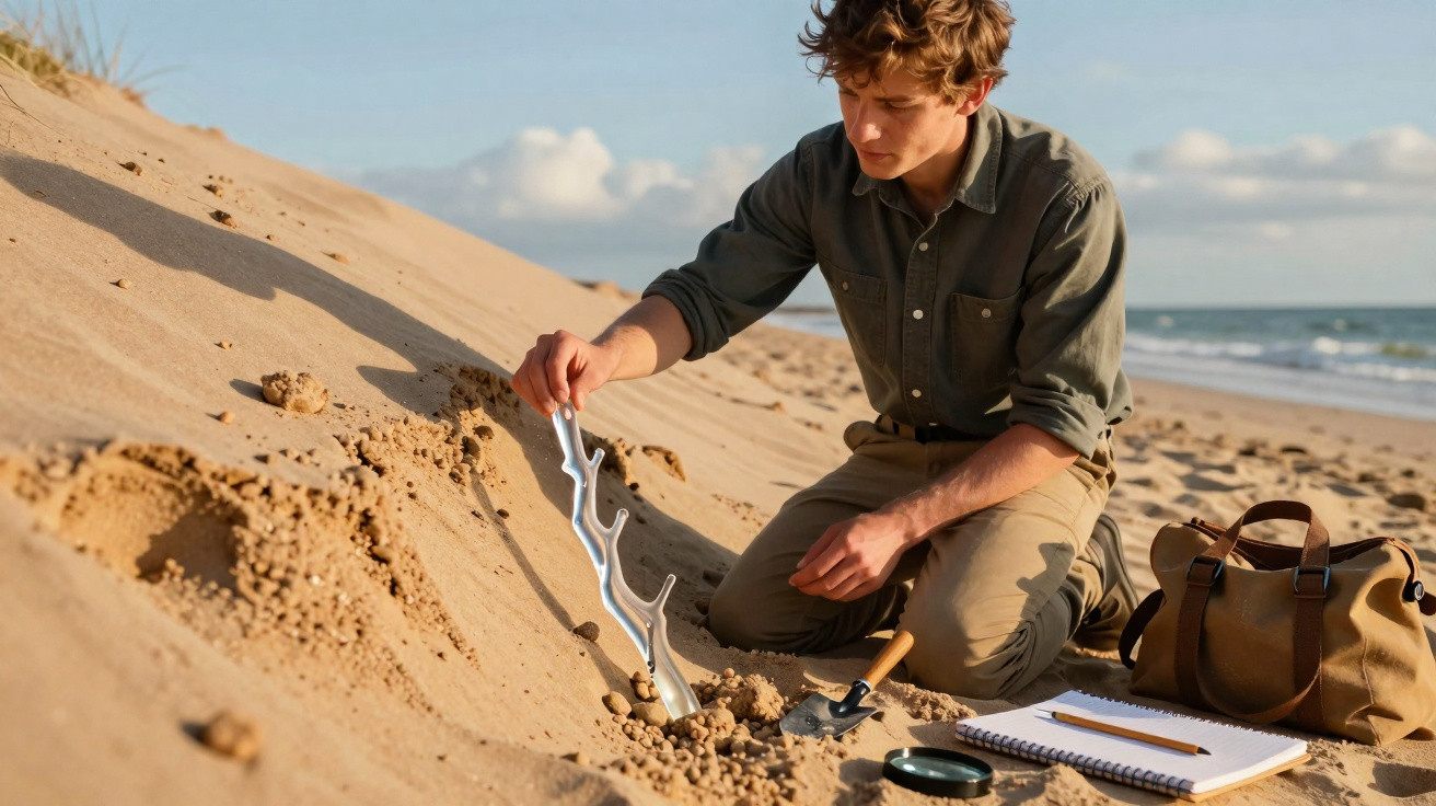 Young man excavating a large, white fossil bone from sand on a beach beside his tools and notebook.