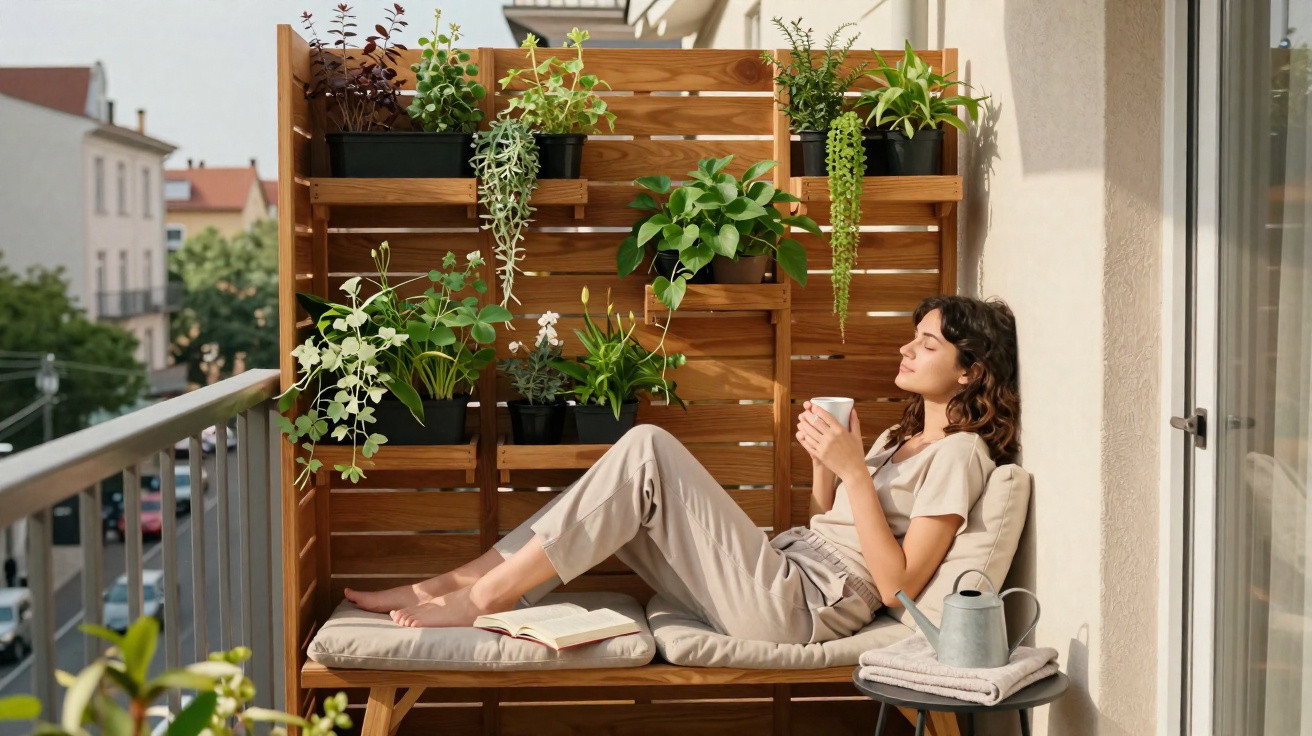 Woman relaxing with a cup on a cushioned bench on a balcony surrounded by potted plants on a wooden screen.