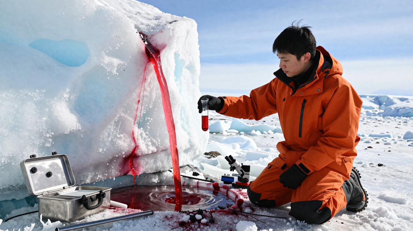 Researcher in orange suit collecting red water sample from melting ice in Arctic environment with scientific equipment nearby