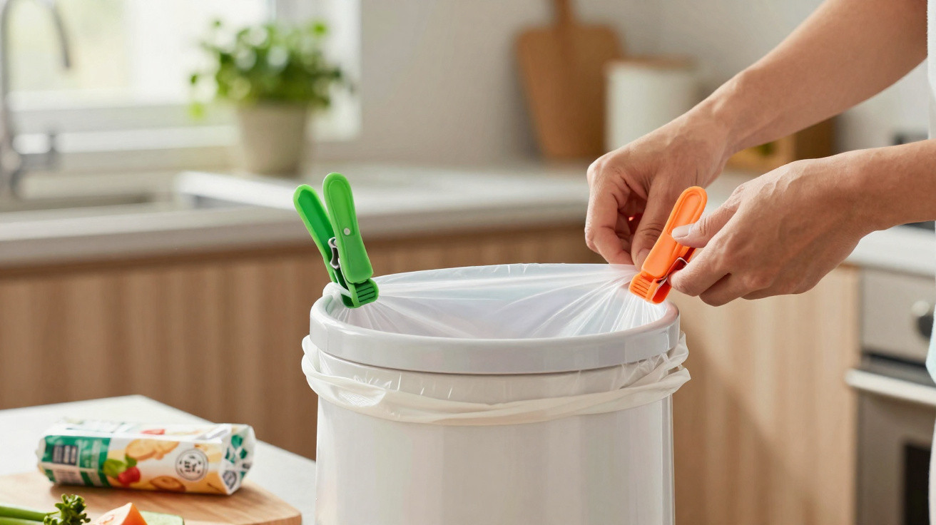 Hands securing a white bin liner inside a kitchen bin with coloured clips in a modern kitchen setting.
