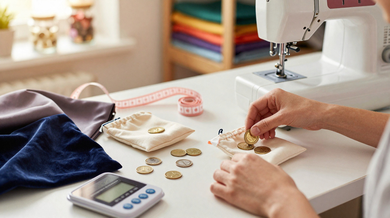 Person counting coins on a table with a sewing machine, fabric, measuring tape, and calculator nearby.