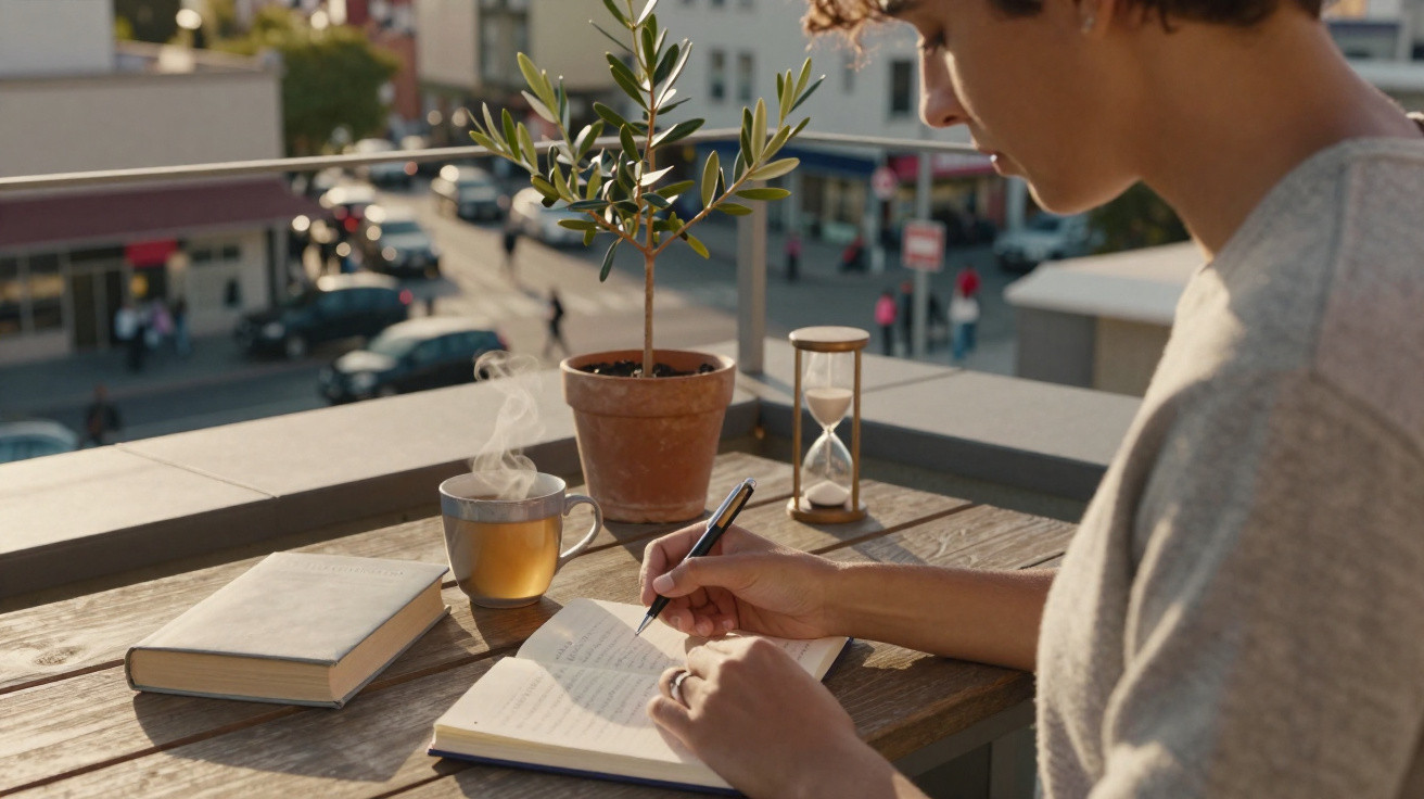 Person writing in a notebook on a wooden table with a book, steaming cup, potted plant, and hourglass on a balcony.