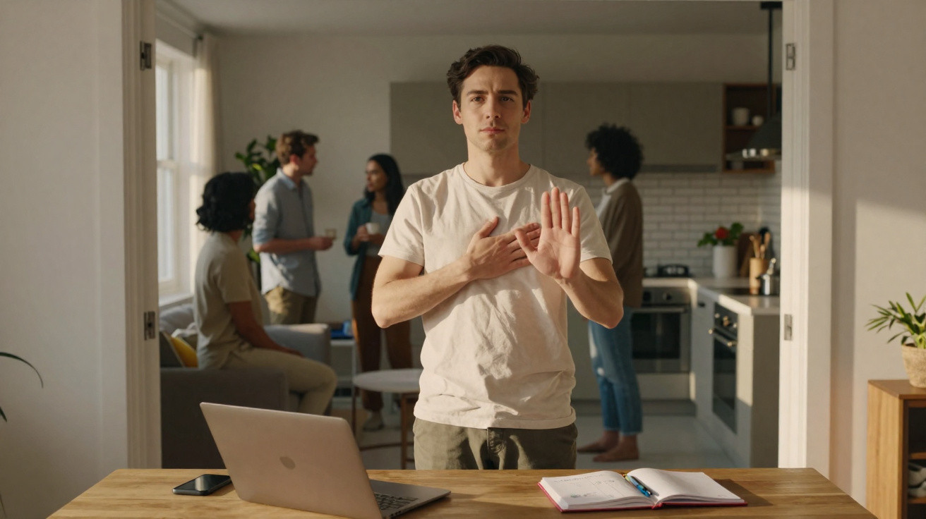Man in white t-shirt gesturing stop with hand on chest in a kitchen with four people talking in background.