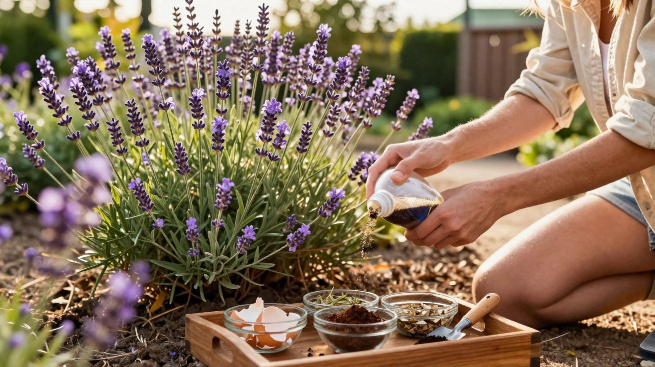 Person sprinkling seeds next to a blooming lavender plant with gardening supplies on a wooden tray.
