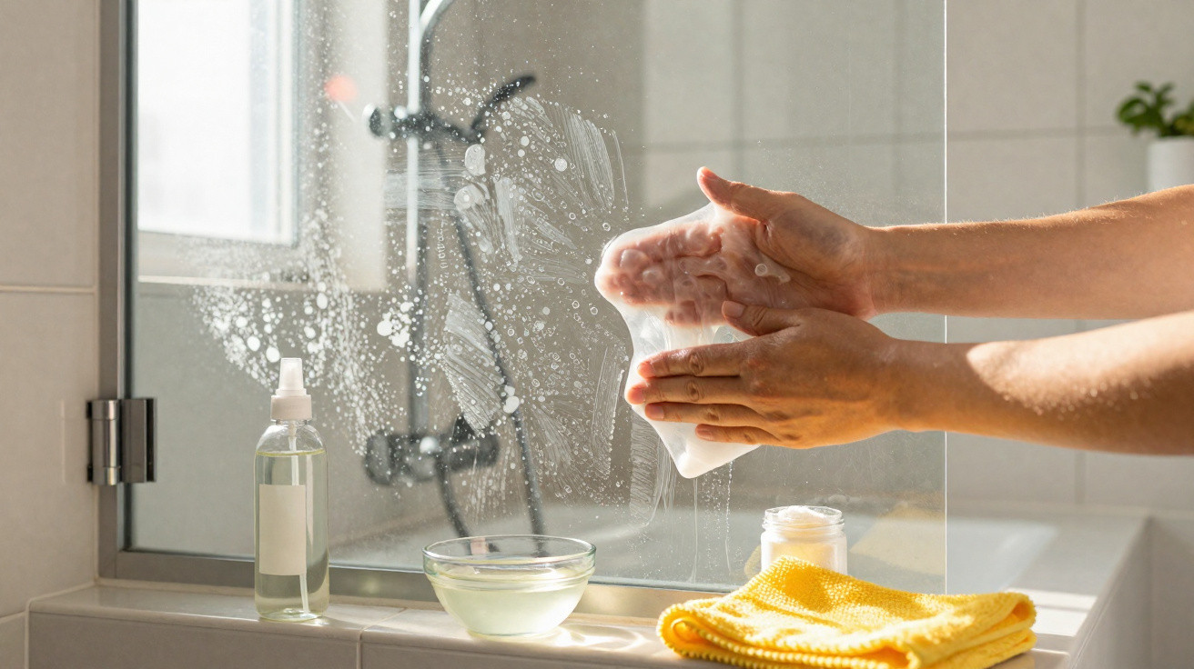 Hands washing a foam-covered cloth in front of a steamy bathroom mirror with cleaning supplies nearby