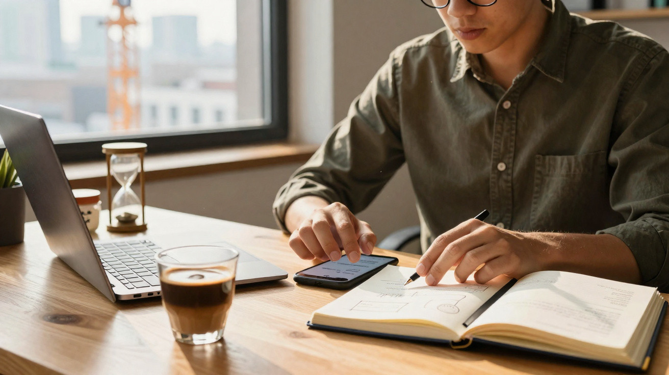 Person with glasses working on a notebook and smartphone at a desk with laptop and coffee near a window.