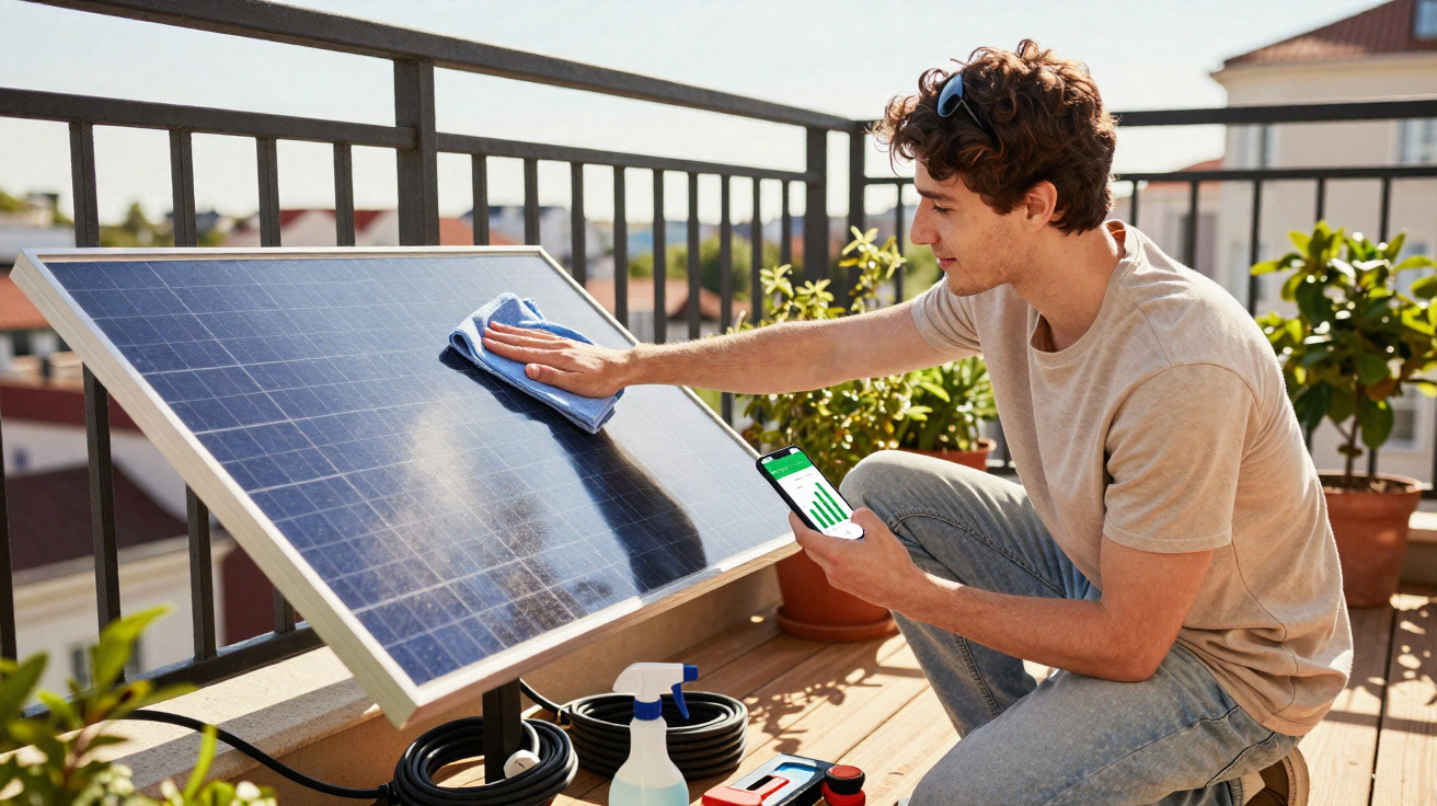 Young man cleaning a solar panel on a balcony while monitoring energy data on a smartphone.