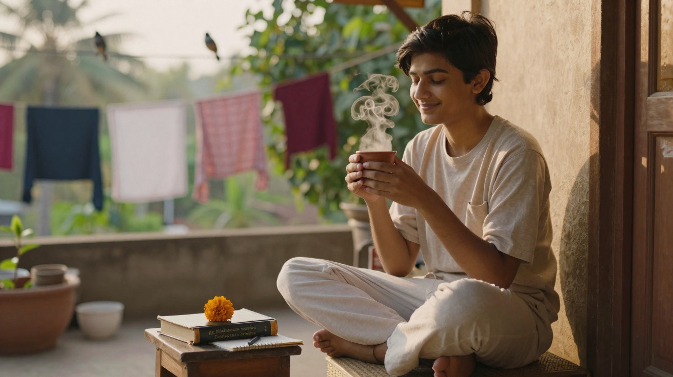 Young person in casual clothes sitting cross-legged on a balcony holding a steaming cup with books nearby.