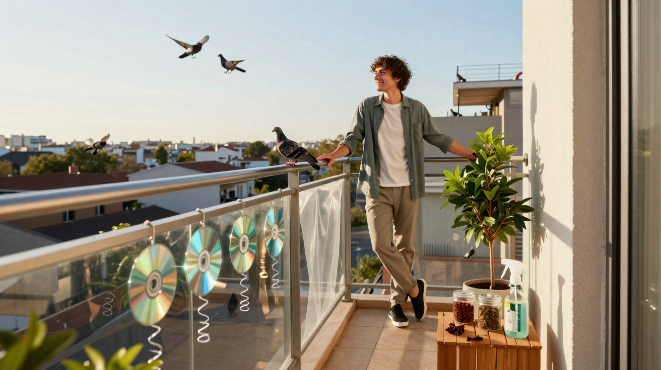 Young man feeding pigeons on a balcony decorated with CDs under a clear sky.