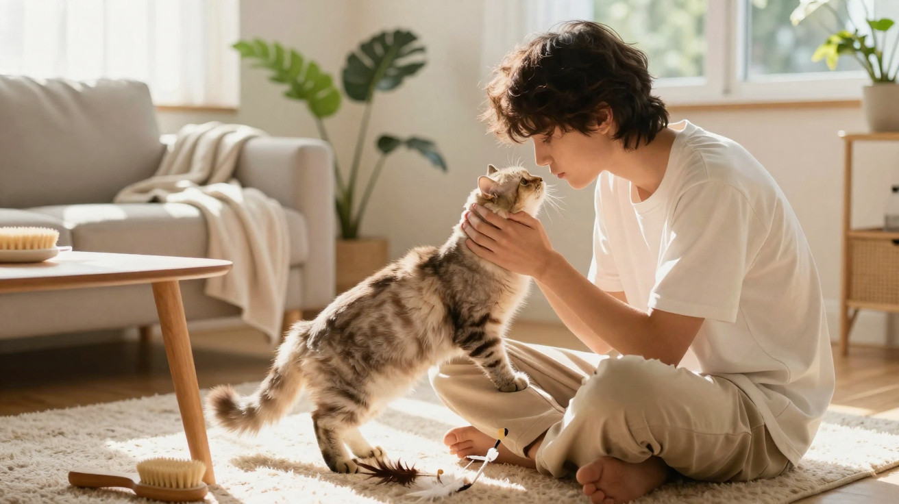 Child gently touching noses with a tabby cat in a sunlit living room on a rug.