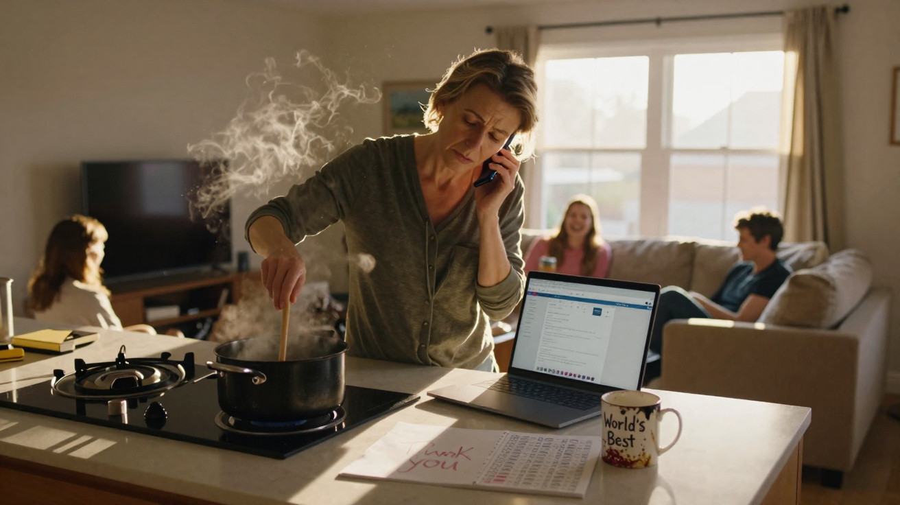 Woman multitasking by cooking, talking on phone, and working on laptop in a bright living room with others relaxing nearby.