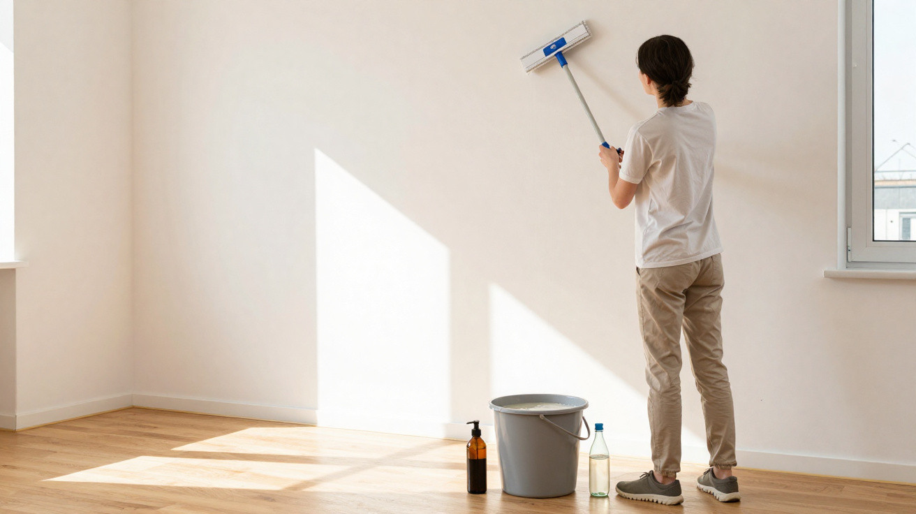 Person cleaning a wall with a mop in a bright empty room with a bucket and cleaning bottles on the floor.