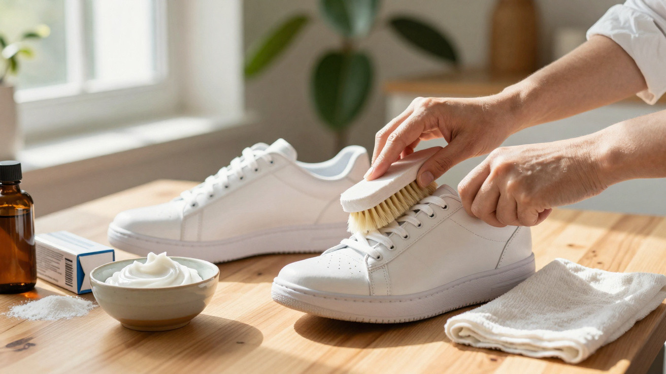 Person cleaning white leather trainers with brush and cream on wooden table by bright window.