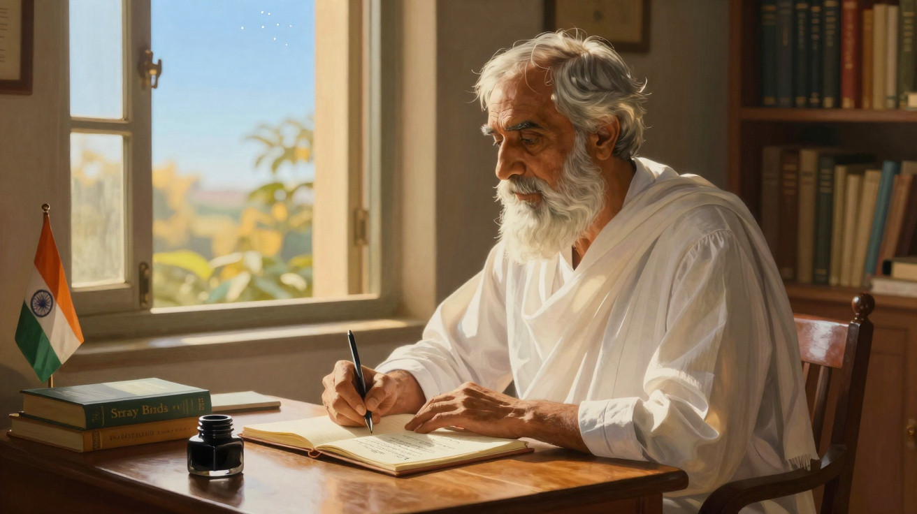 Elderly bearded man in white robes writing at a wooden desk by a window with an Indian flag and books.