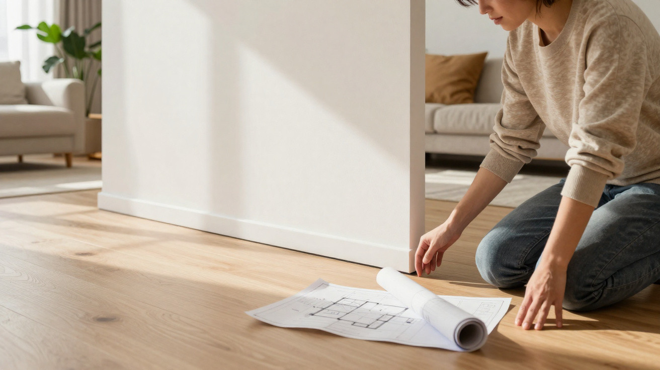 Person kneeling on wooden floor unrolling architectural blueprints in a bright, modern living room.