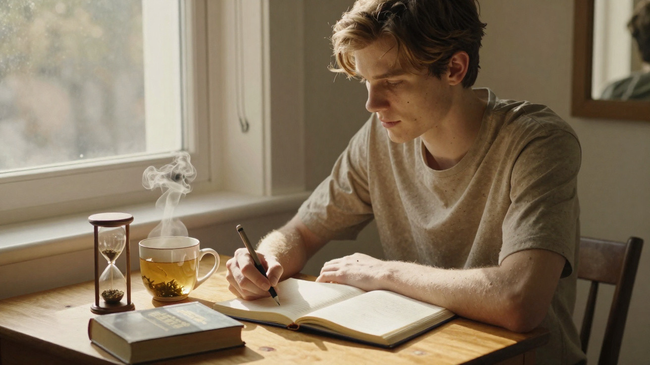Young man writing in a notebook at a wooden table with a steaming cup of tea and an hourglass by the window.