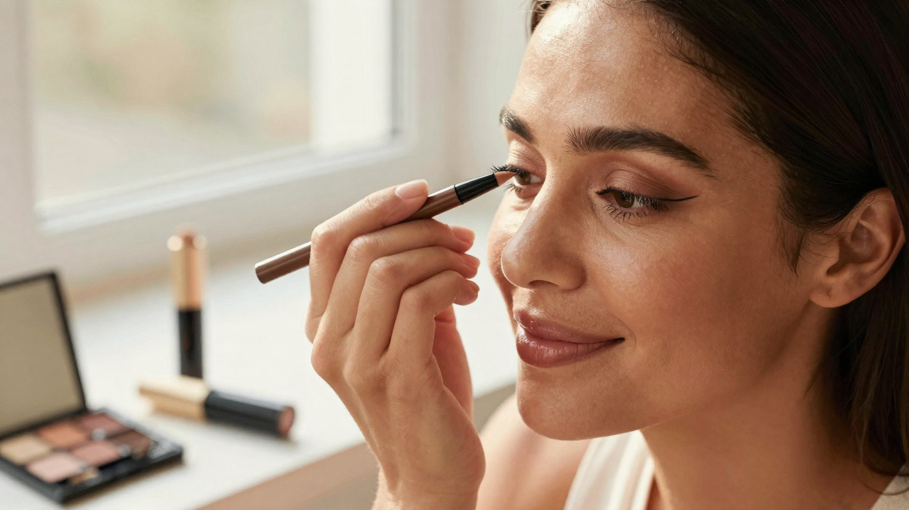 Woman applying eyeliner with makeup palette and brushes on a table by a window in soft daylight.