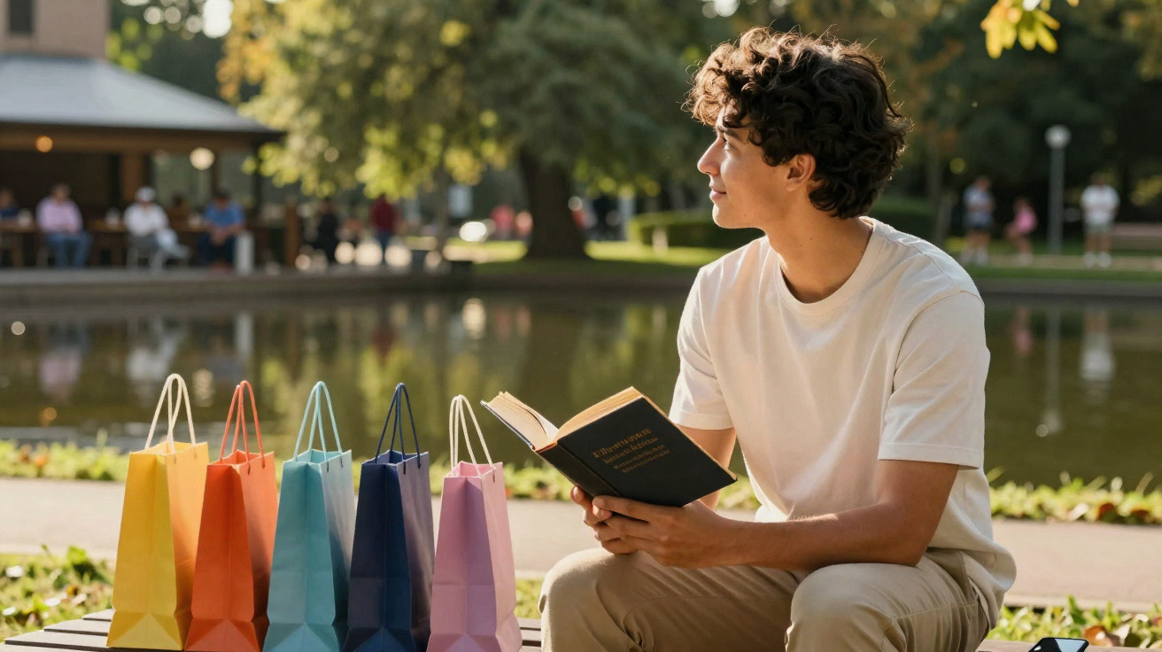 Young man sitting on a bench by a pond reading a book with colourful shopping bags beside him.