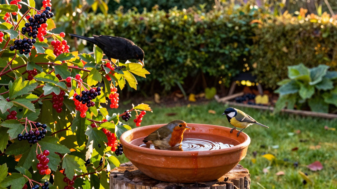 A robin bathing in a terracotta birdbath with a great tit perched on the edge and a blackbird feeding on berries nearby.