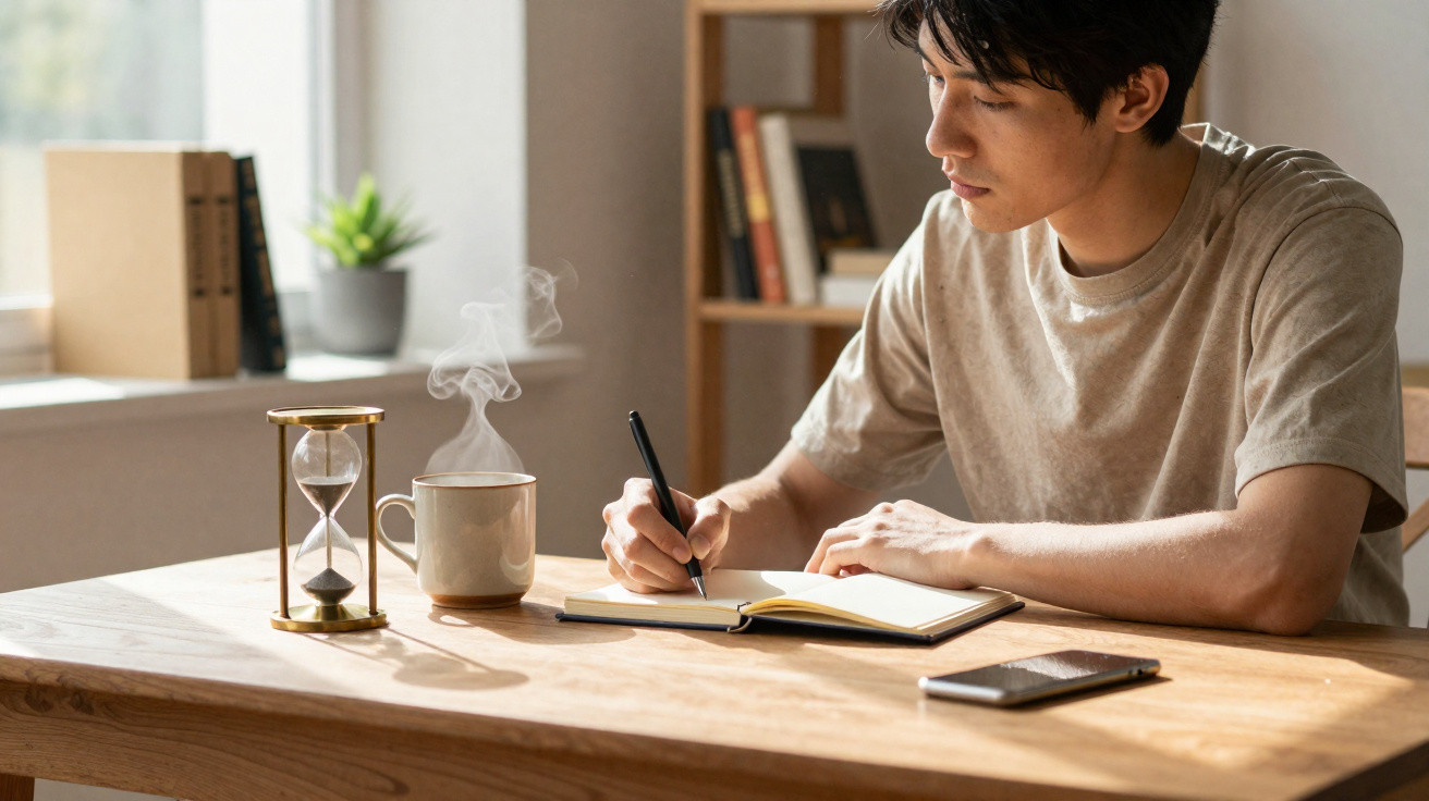 Young man writing in a notebook at a wooden table with a steaming mug, hourglass, and smartphone nearby.