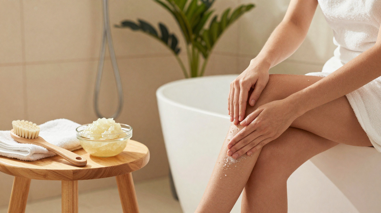Woman exfoliating her legs with scrub in a bathroom, beside a wooden stool with brush and towel.