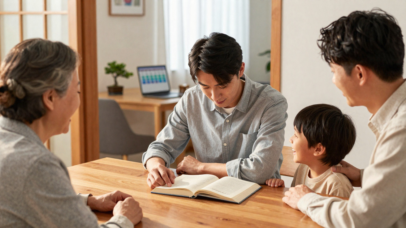 Family of four gathered around a table as a young man reads from a book to a child in a cosy home setting.