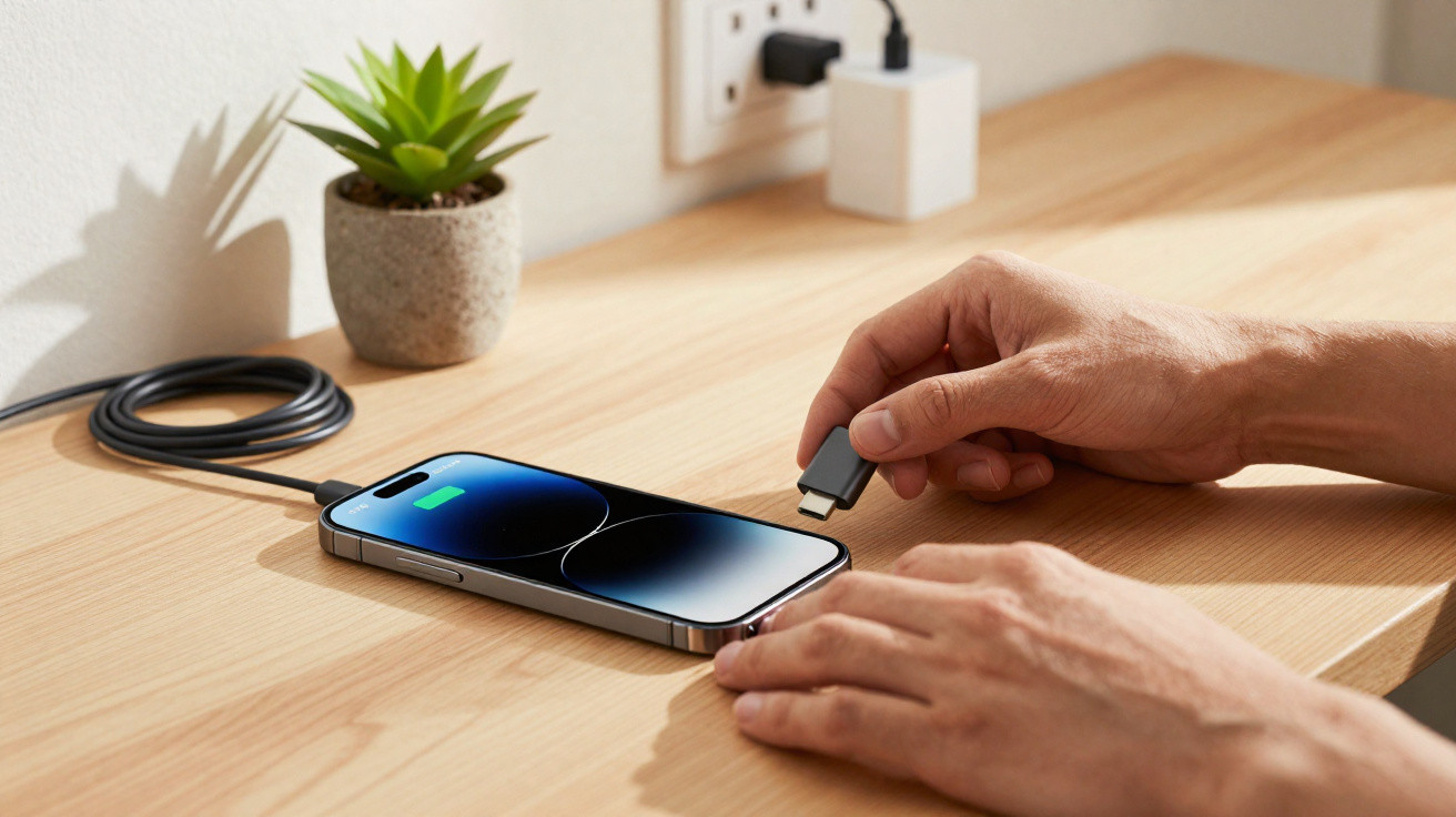 Person plugging a USB-C cable into a smartphone on a wooden desk with a small potted plant nearby.
