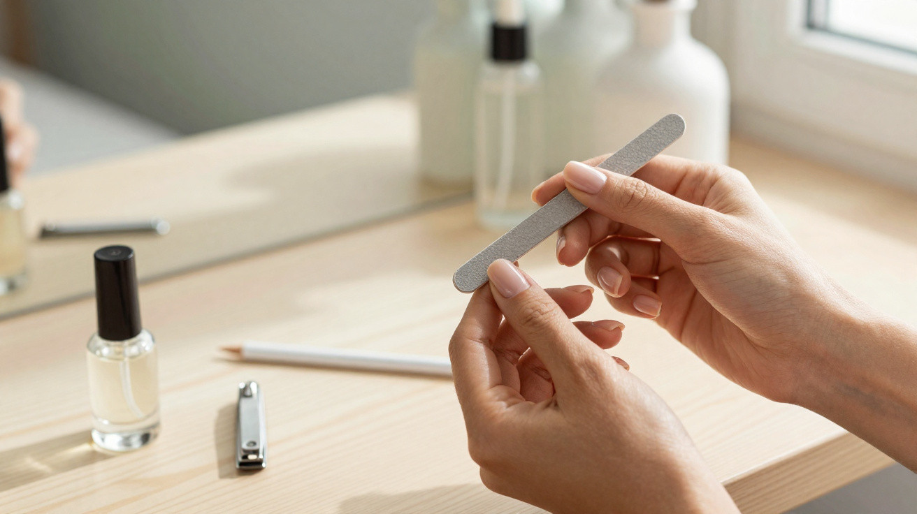 Person filing nails with a nail file on a wooden surface with manicure tools nearby.