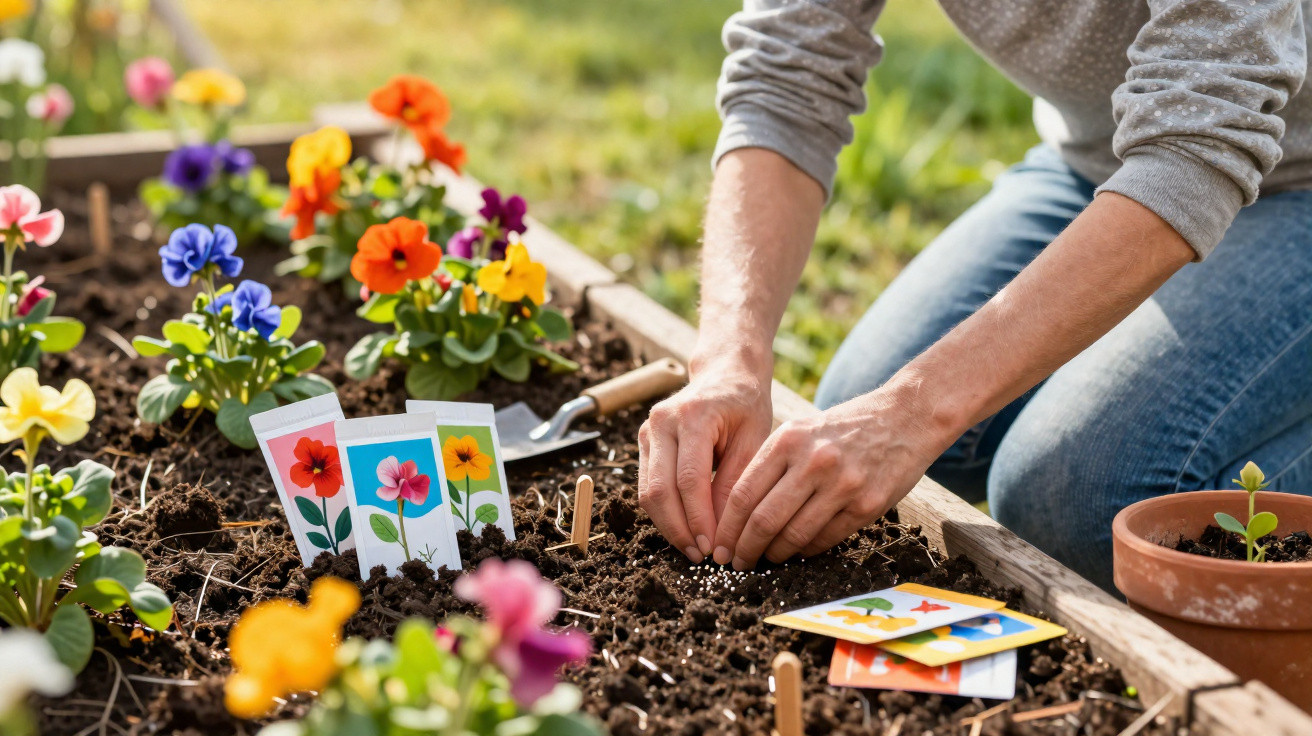 Person planting seeds in a raised garden bed with colourful flowering plants and seed packets nearby.