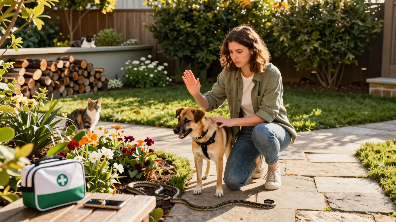 Woman calmly restraining dog with raised hand as large snake slithers on garden path nearby.